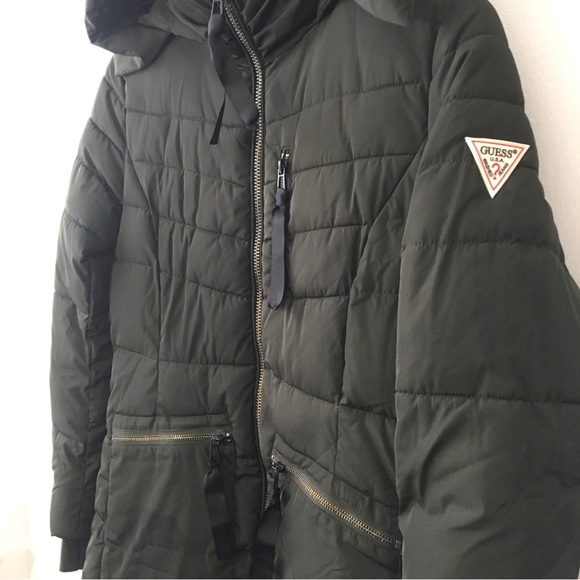 Guess women’s olive green hooded coat. Size medium. - Picture 13 of 16